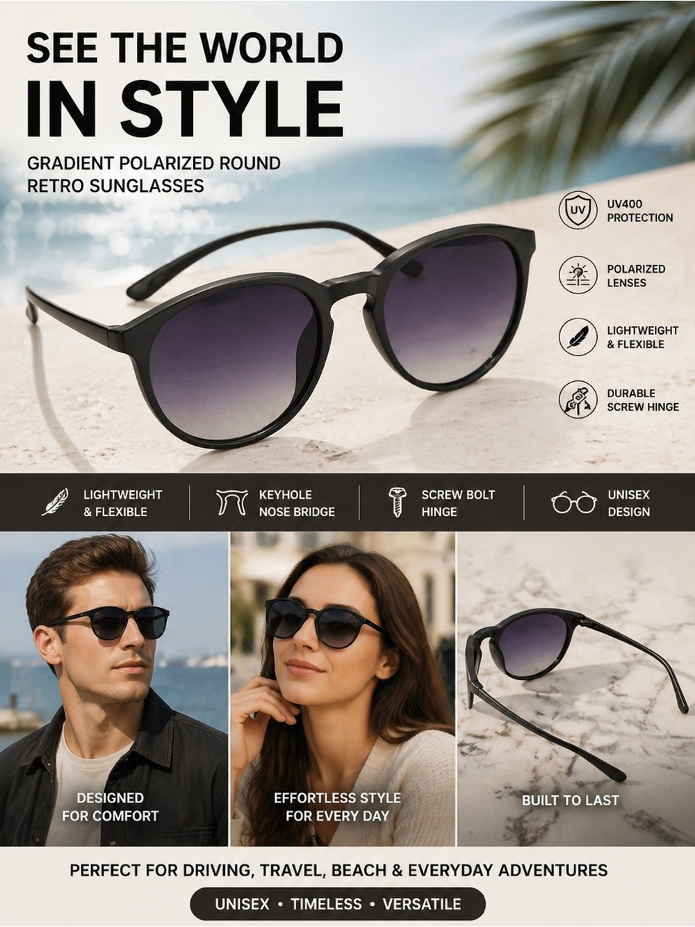 Gradient Polarized Round Retro Sunglasses Unisex Black Frame Lens